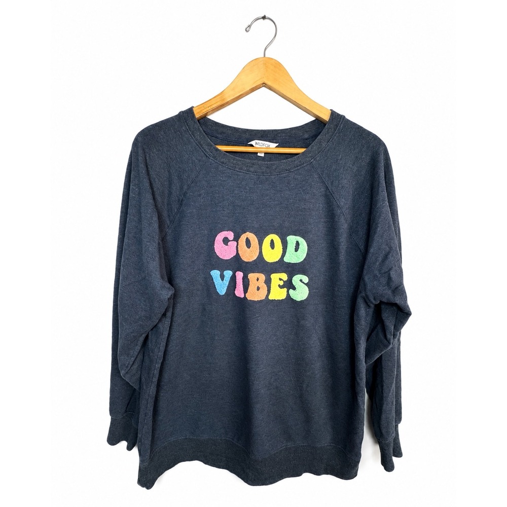 Wildfox Good Vibes Sweatshirt Women's M Oversized Blue Rainbow Graphic Pullover - Picture 2 of 8
